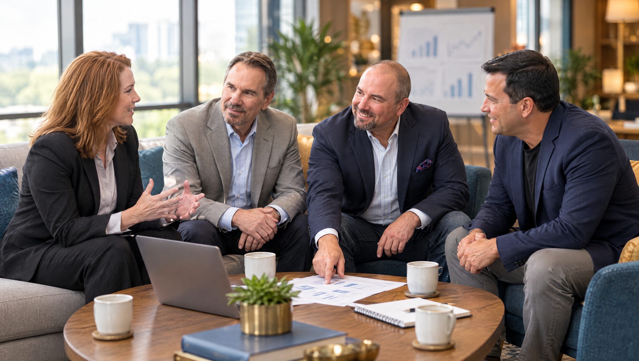 The Dual Track Advisors team discussing business plans together
